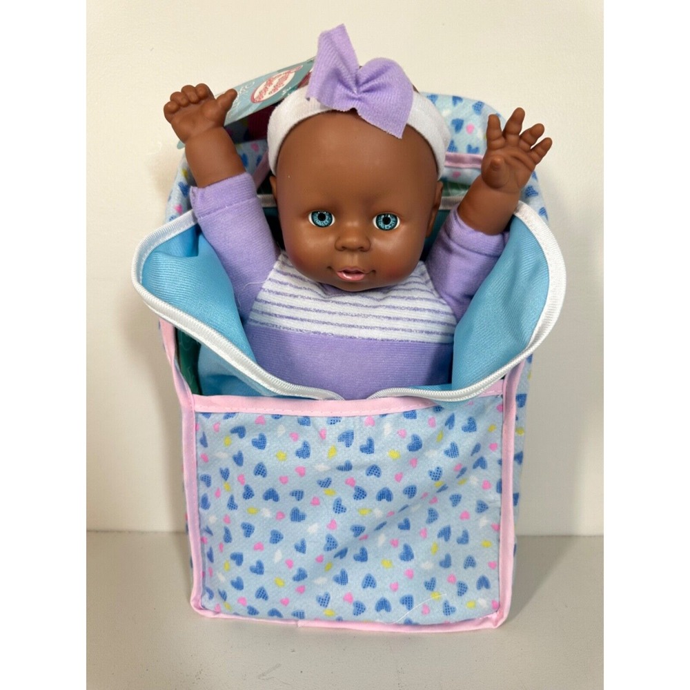 New! Pampie Sweetie 11" Black Baby Doll Purple in Carrier with Blue Blanket